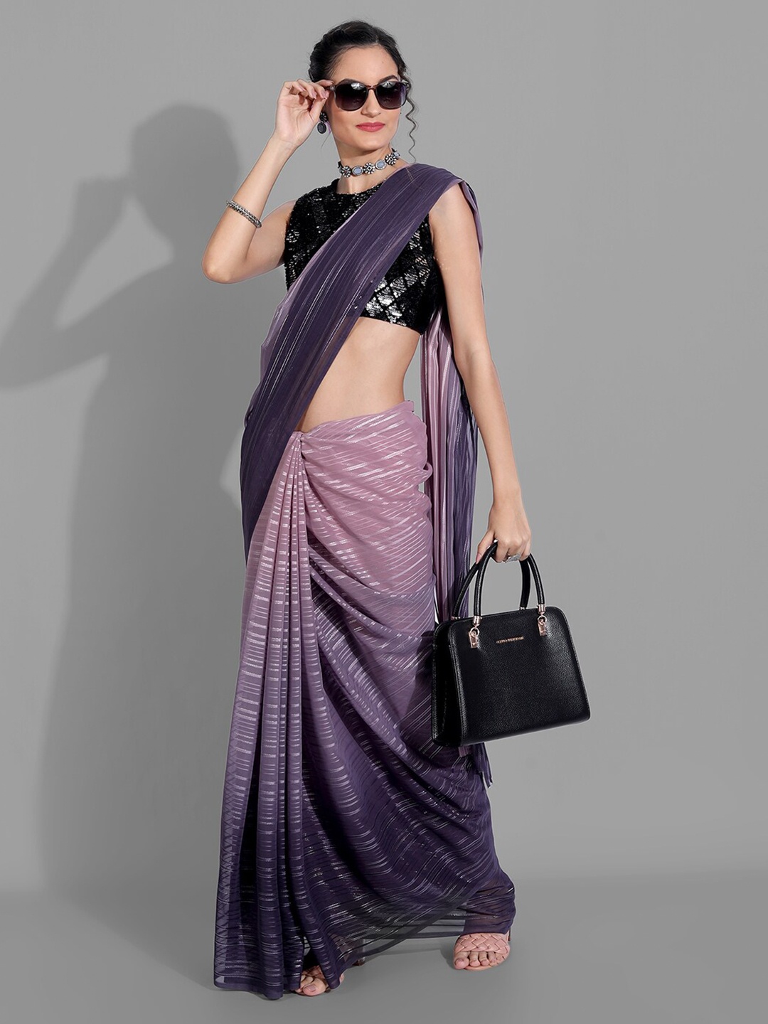 Mitera Purple & Pink Striped Arani Saree