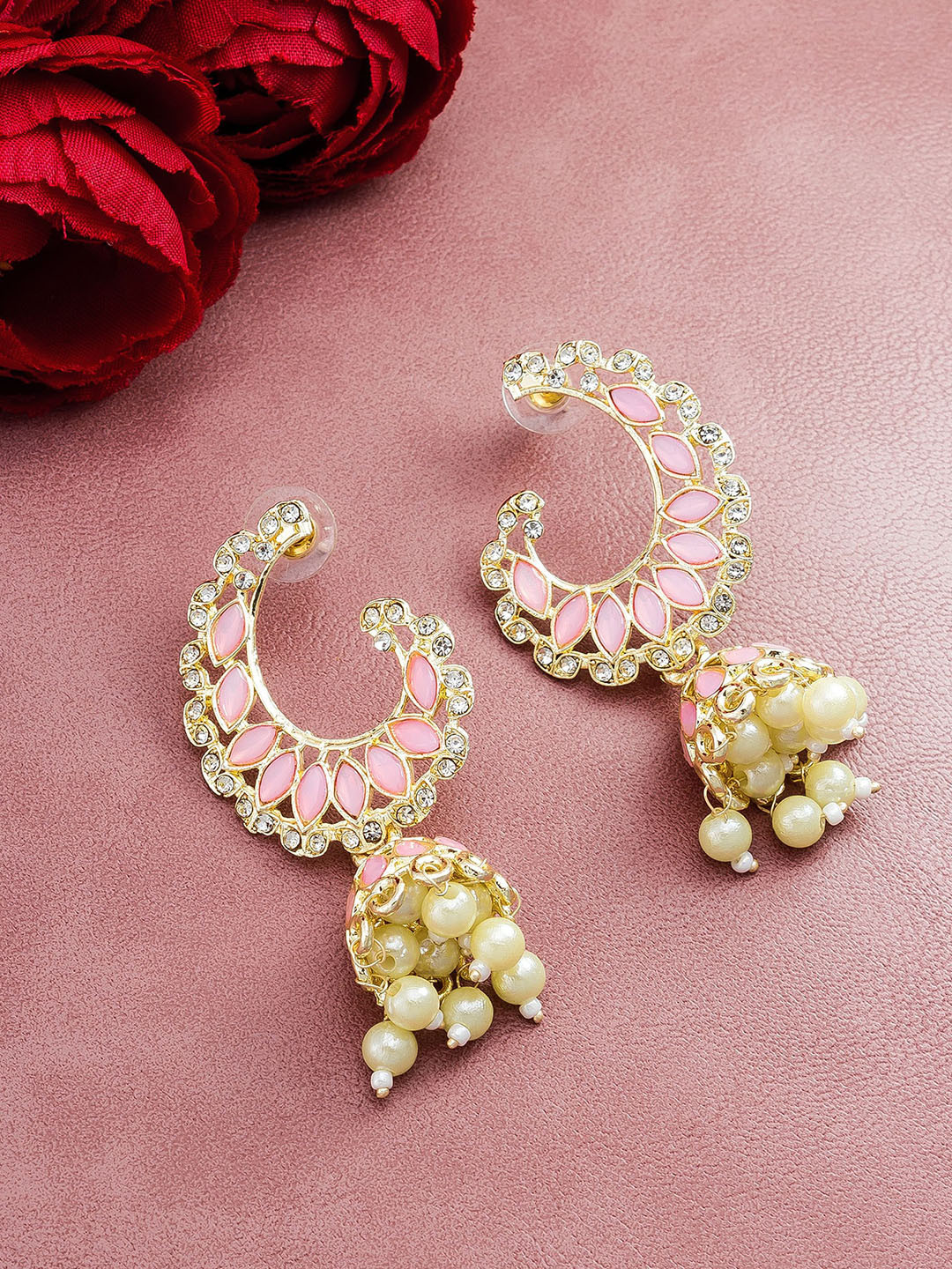 aadita Gold-Toned & Pink Crescent Shaped Jhumkas Earrings 
aadita Gold-Toned & Pink Crescent Shaped Jhumkas Earrings