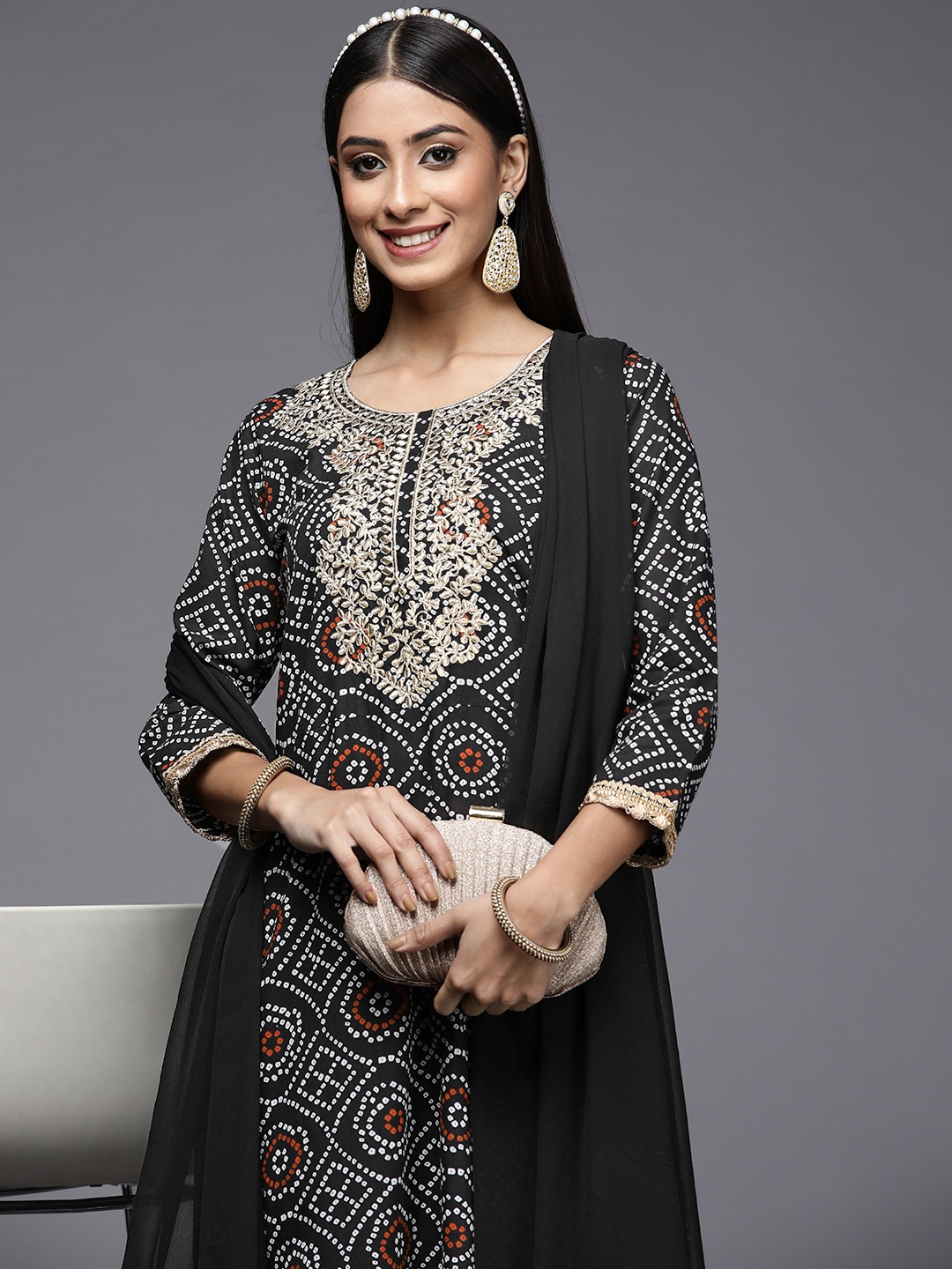 Indo Era Women Black Bandhani Printed Pure Cotton Kurta with Palazzos & With Dupatta
Indo Era Women Black Bandhani Printed Pure Cotton Kurta with Palazzos & With Dupatta