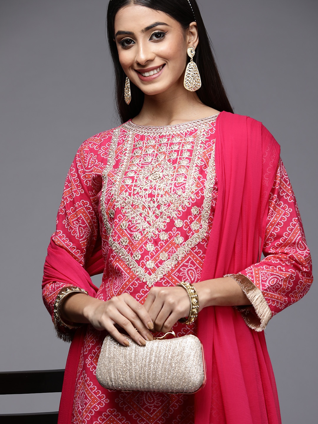 Indo Era Women Pink Bandhani Embroidered Pure Cotton Kurta with Sharara & With Dupatta
Indo Era Women Pink Bandhani Embroidered Pure Cotton Kurta with Sharara & With Dupatta
