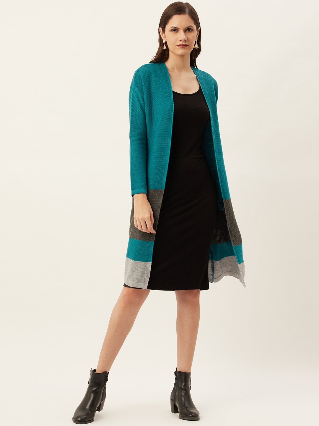 American Eye Women Turquoise Blue & Grey Colourblocked Longline Front-Open Sweater
American Eye Women Turquoise Blue & Grey Colourblocked Longline Front-Open Sweater