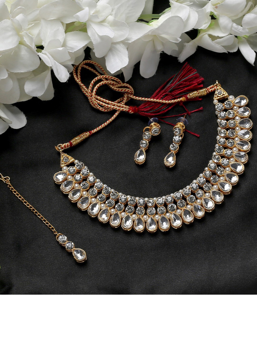 MAD CLUB Gold-Plated White Stone-Studded & Beaded Jewellery Set