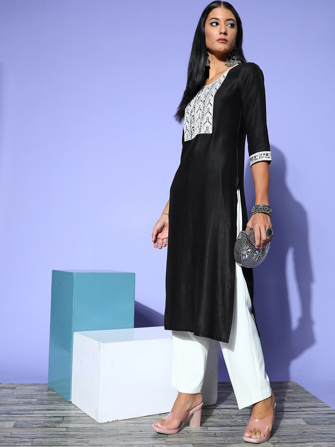 Indo Era Women Black & White Ethnic Motifs Yoke Design Bell Sleeves Thread Work Liva Kurta
Indo Era Women Black & White Ethnic Motifs Yoke Design Bell Sleeves Thread Work Liva Kurta