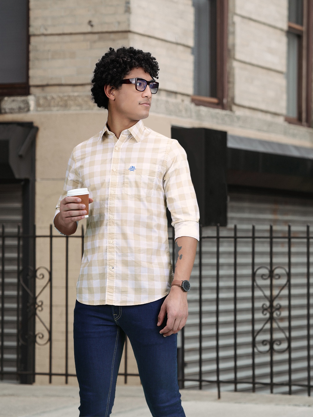 U S Polo Assn Men Beige Buffalo Checks Checked Casual Shirt