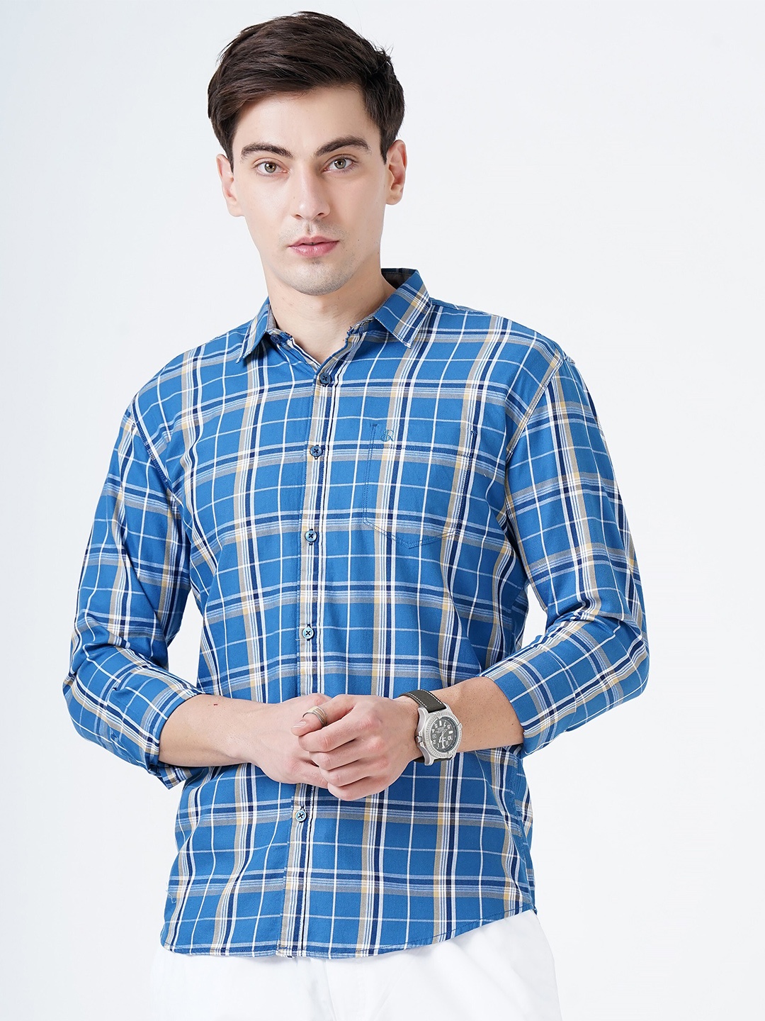 SORATIA Men Blue Slim Fit Tartan Checked Cotton Casual Shirt