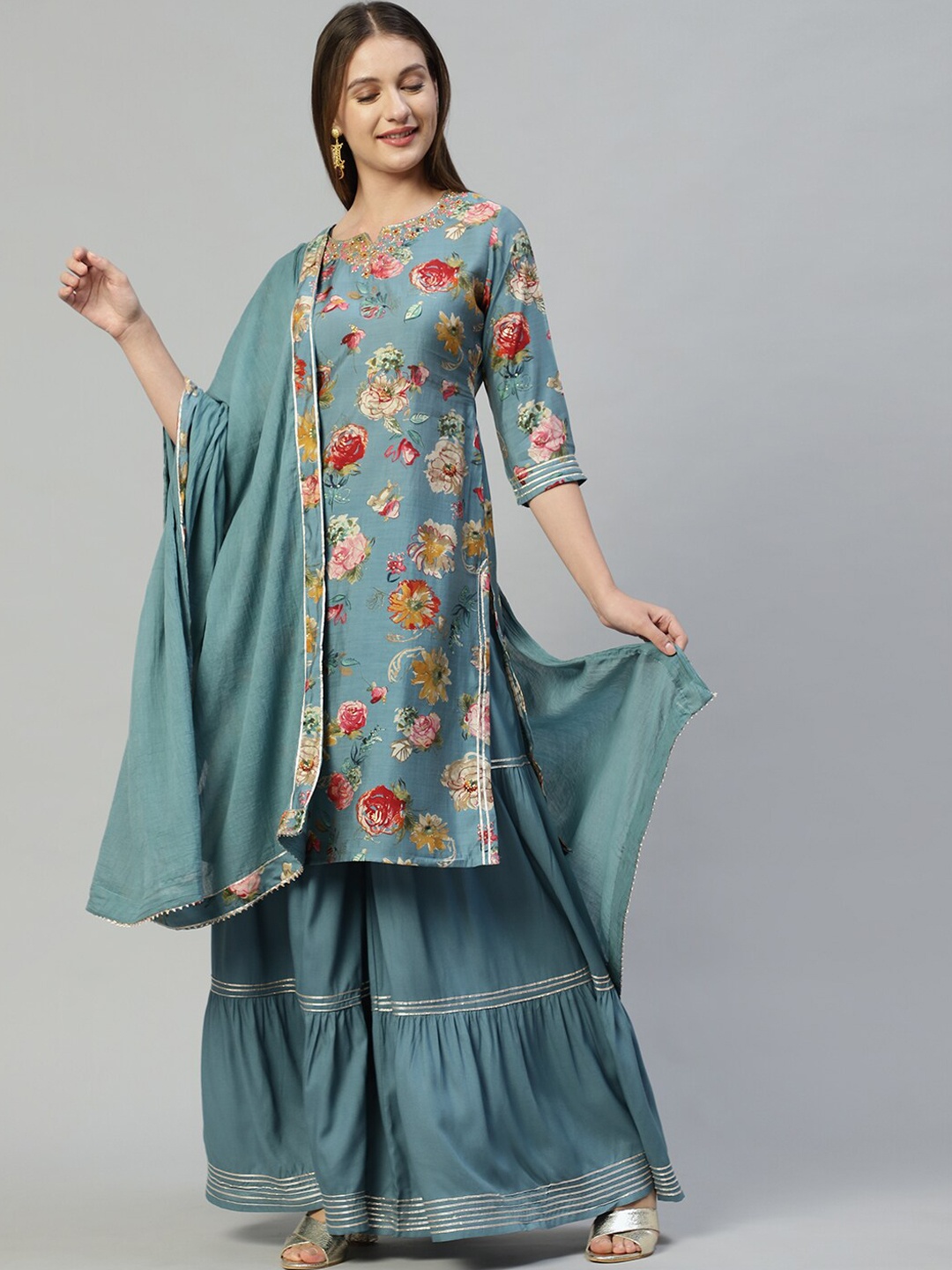 FASHOR Women Blue Floral Layered Thread Work Pure Cotton Kurti With Sharara & Dupatta
FASHOR Women Blue Floral Layered Thread Work Pure Cotton Kurti With Sharara & Dupatta