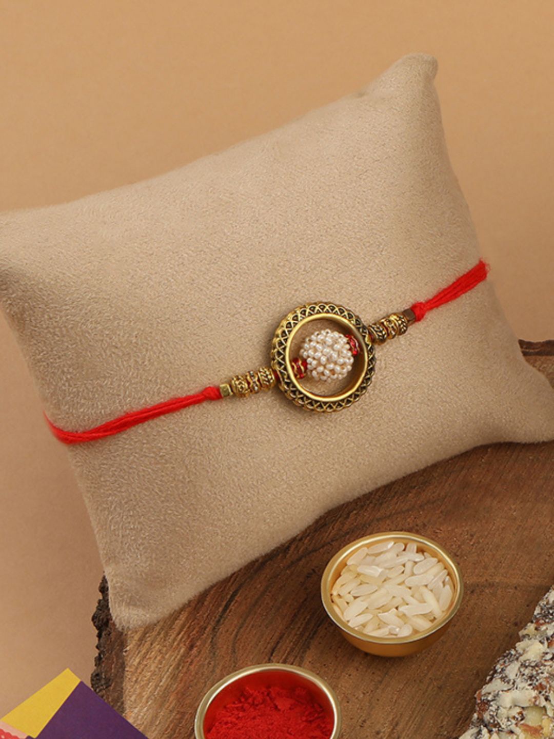 Accessher Women Set Of 2 Bhaiya Bhabhi Pearl Rakhi & Greeting Card & Roli Chawal, Red
Accessher Women Set Of 2 Bhaiya Bhabhi Pearl Rakhi & Greeting Card & Roli Chawal, Red