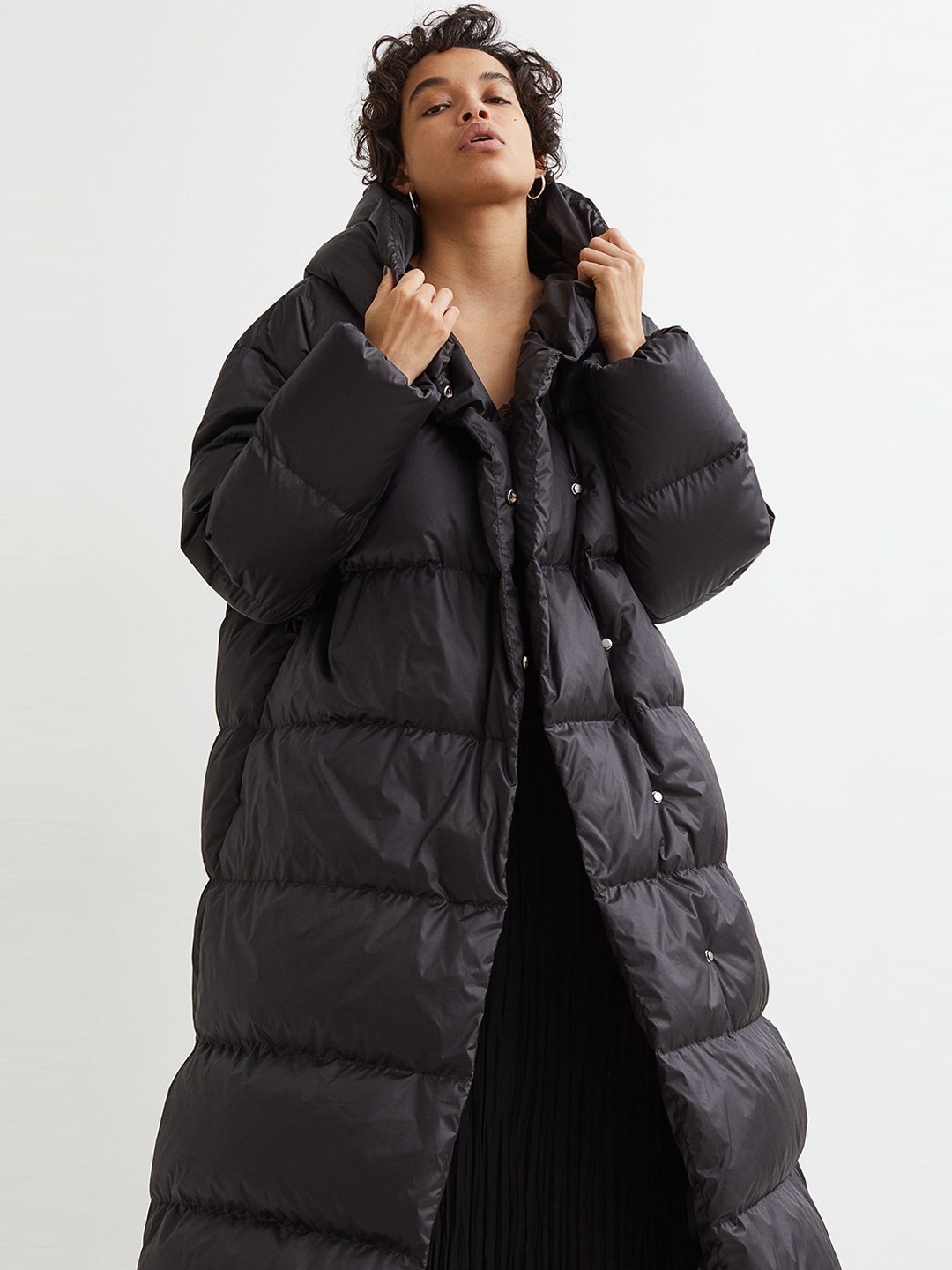 H&M Women Black Solid Oversized Down Puffer Coat