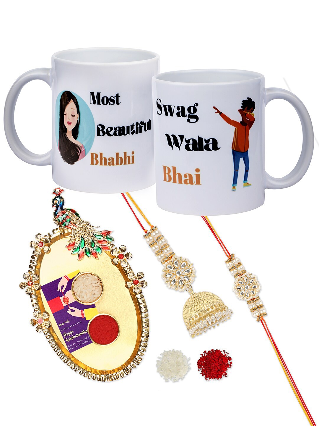 Accessher Gift Set of 6 with Bhaiya Bhabhi Rakhis, Peacock Thali, 2 Mugs & Greeting Card, Gold
Accessher Gift Set of 6 with Bhaiya Bhabhi Rakhis, Peacock Thali, 2 Mugs & Greeting Card, Gold