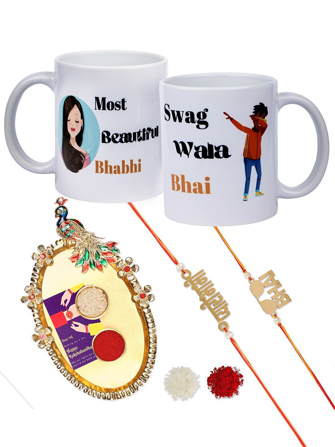 Accessher Gift Set of 6 with Bhaiya Bhabhi Rakhis, Peacock Thali, 2 Mugs & Greeting Card, Gold
Accessher Gift Set of 6 with Bhaiya Bhabhi Rakhis, Peacock Thali, 2 Mugs & Greeting Card, Gold