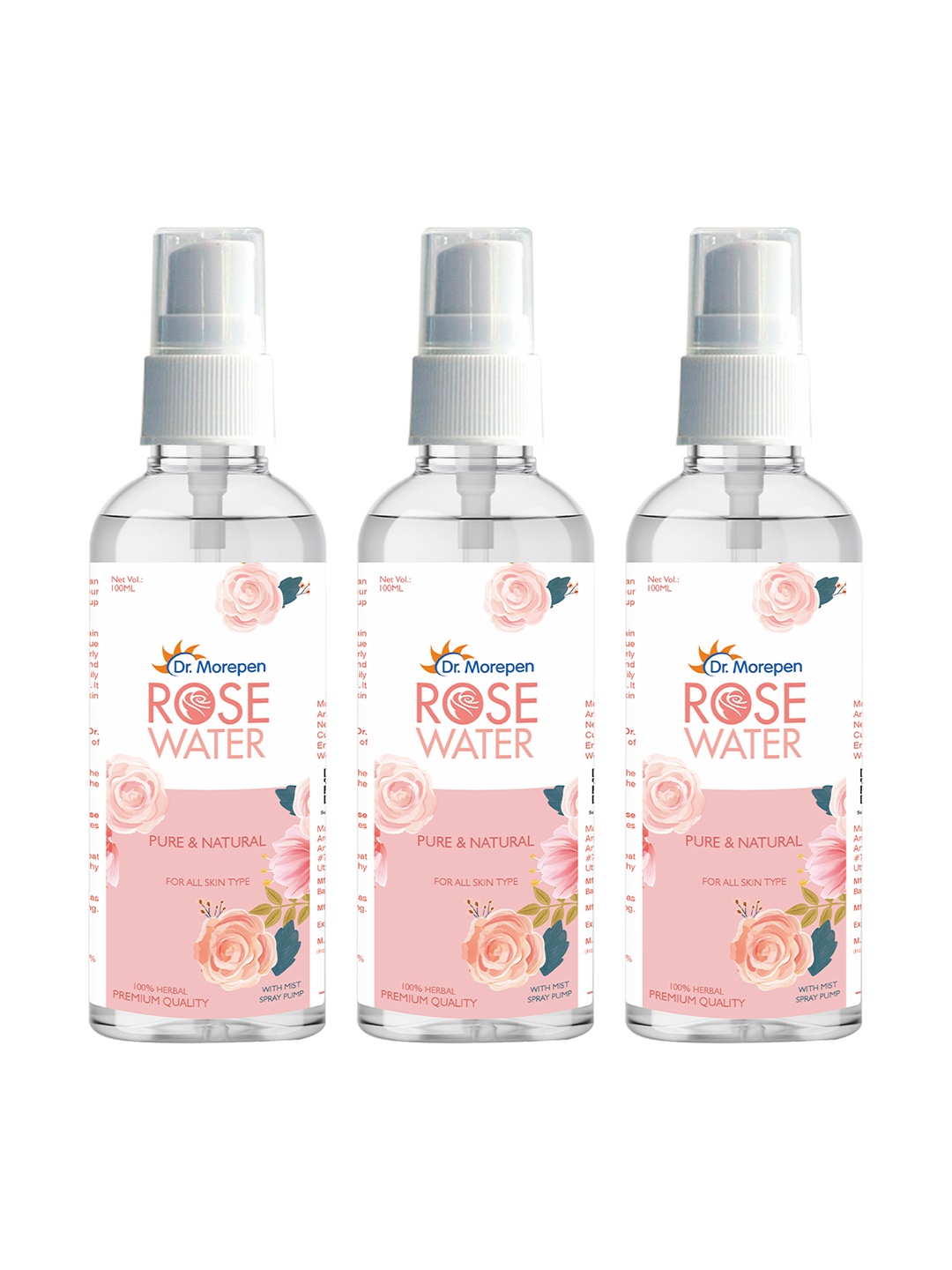 Dr. Morepen Set of 3 Pure & Natural Rose Water Face Toner For All Skin Types - 100 ml Each, Pink
Dr. Morepen Set of 3 Pure & Natural Rose Water Face Toner For All Skin Types - 100 ml Each, Pink