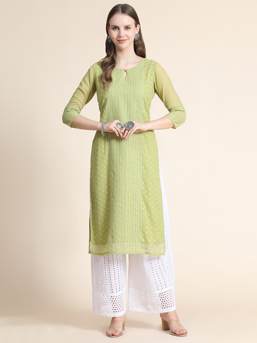 KALINI Women Pista Green Embroidered Keyhole Neck Thread Work Georgette Kurta