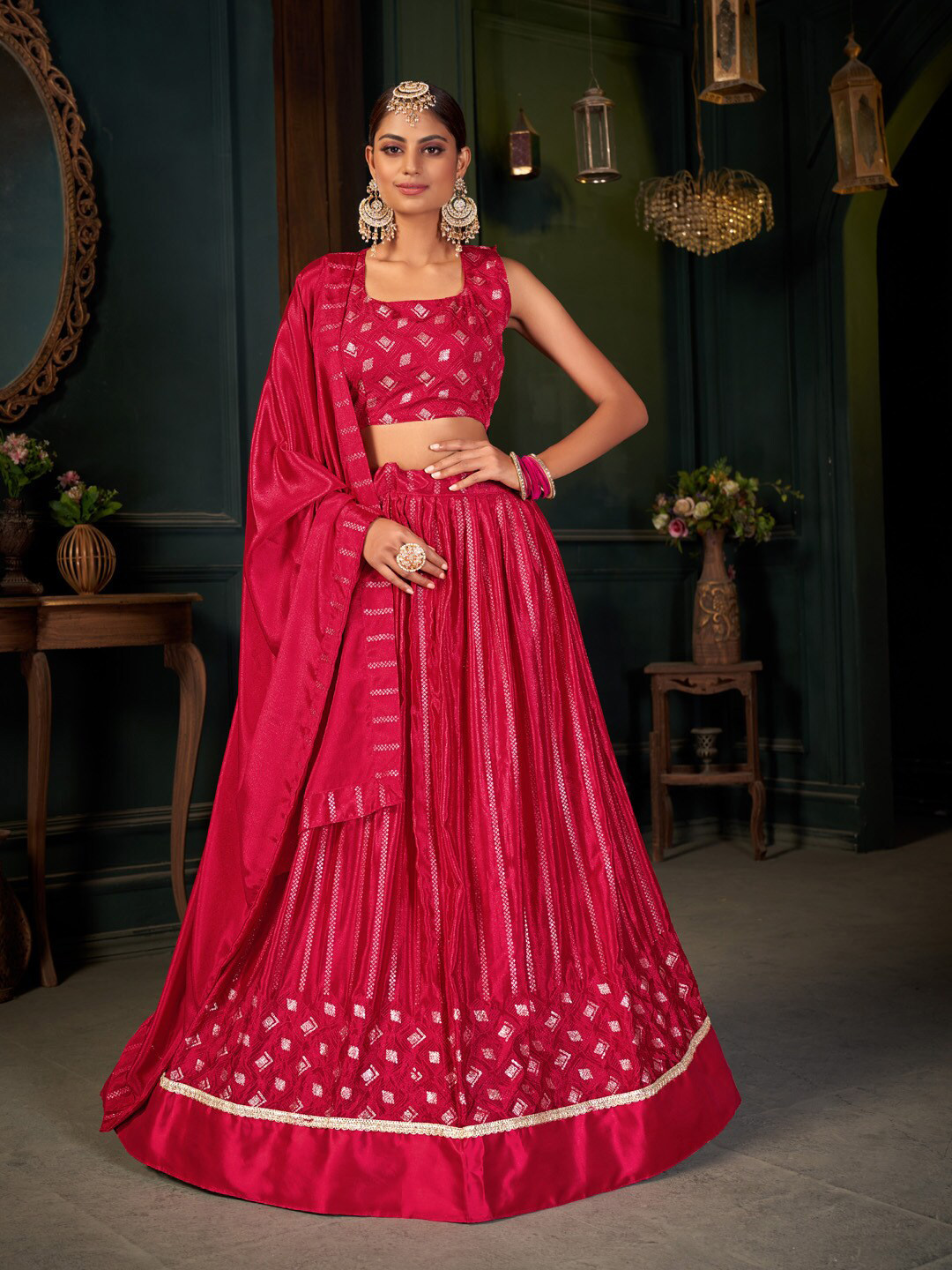 Pandadi Saree Pink & Gold-Toned Embroidered Sequinned Semi-Stitched Lehenga & Blouse With Dupatta
Pandadi Saree Pink & Gold-Toned Embroidered Sequinned Semi-Stitched Lehenga & Blouse With Dupatta