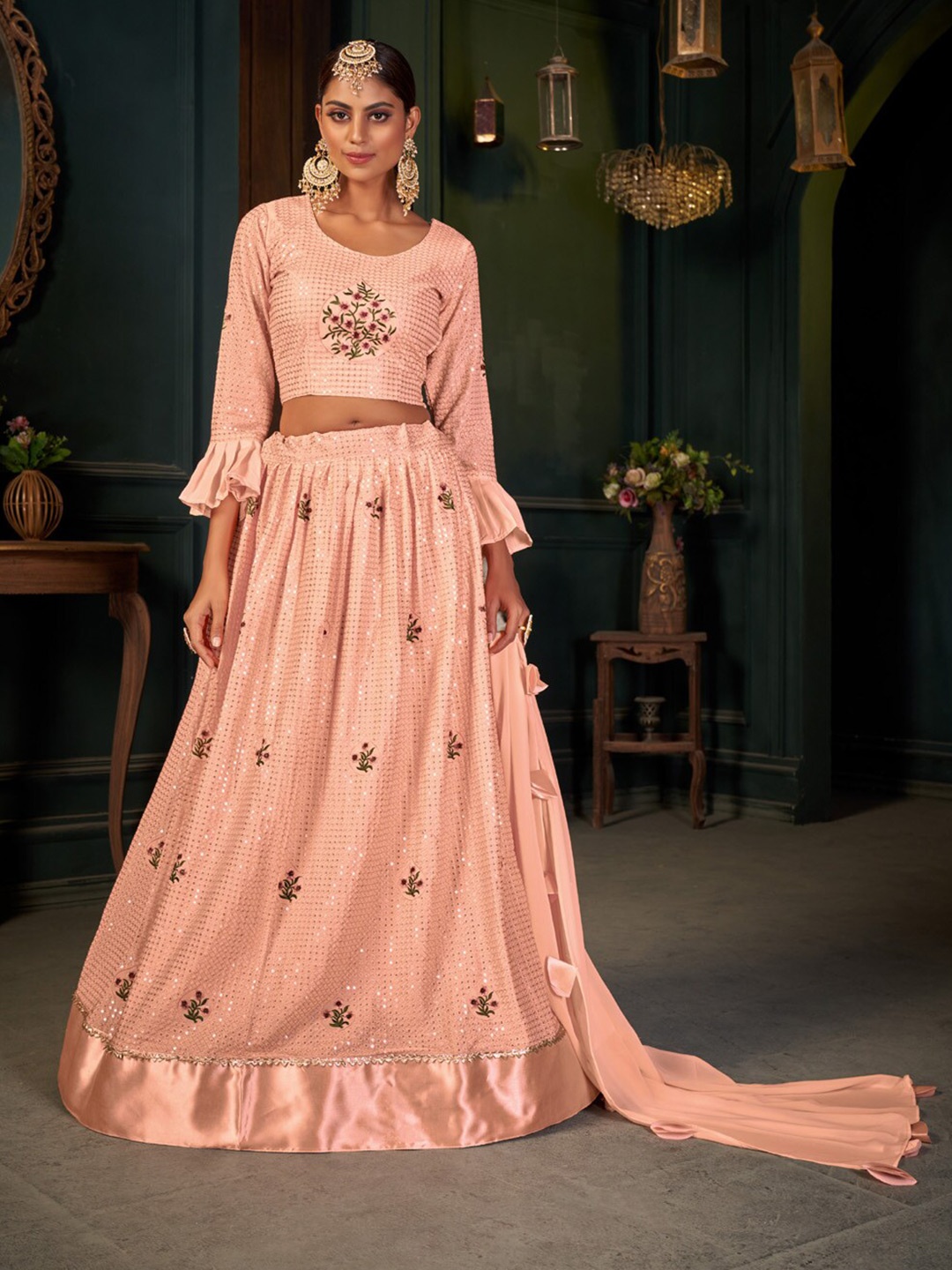 Pandadi Saree Peach-Coloured & Gold-Toned Embroidered Sequinned Semi-Stitched Lehenga & Blouse With Dupatta
Pandadi Saree Peach-Coloured & Gold-Toned Embroidered Sequinned Semi-Stitched Lehenga & Blouse With Dupatta