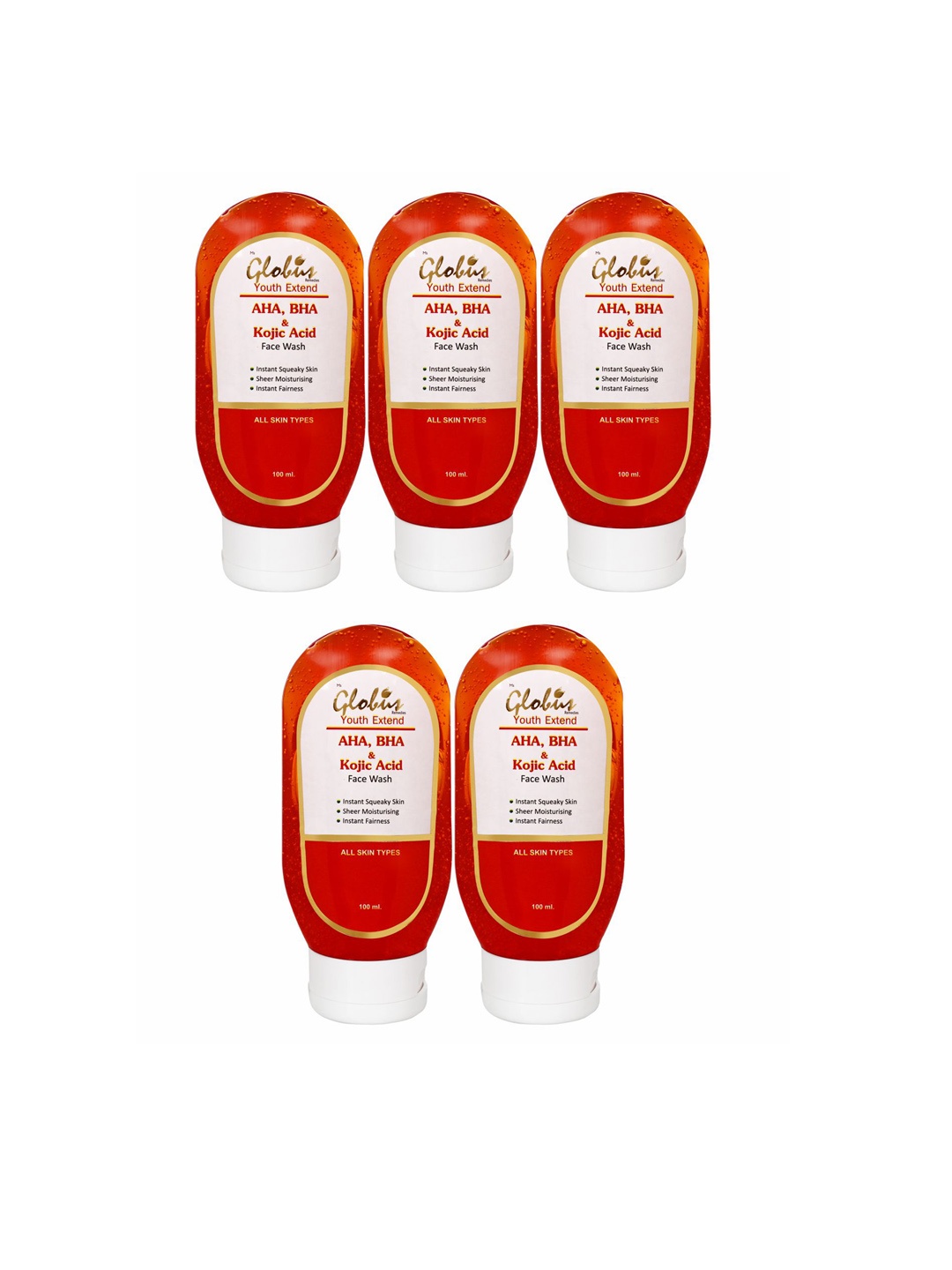 Globus Remedies Set of 5 Youth Extend AHA, BHA & Kojic Acid Face Wash - 100 ml Each, Red
Globus Remedies Set of 5 Youth Extend AHA, BHA & Kojic Acid Face Wash - 100 ml Each, Red