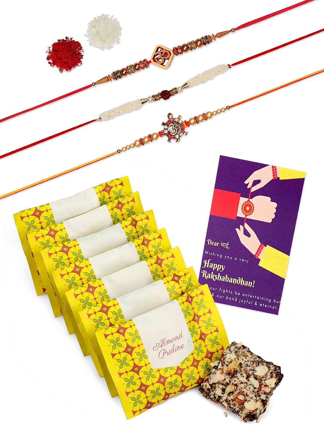 Accessher Gift Set of 5 with Rakhis Pack of 3 Premium Chocolates & Greeting Card, Red
Accessher Gift Set of 5 with Rakhis Pack of 3 Premium Chocolates & Greeting Card, Red