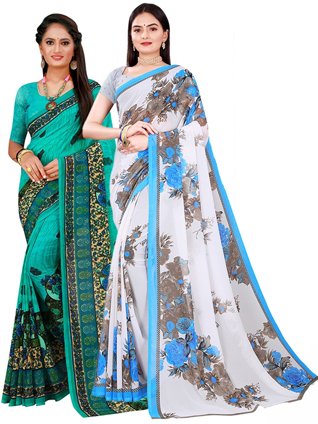 SAADHVI White & Blue Floral Pure Georgette Saree