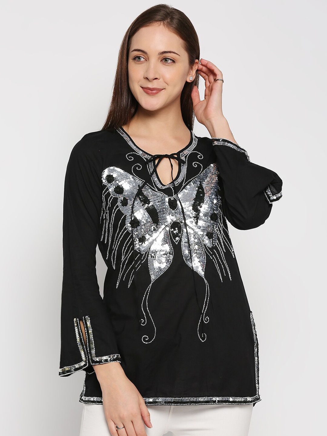 aaliya Black Print Tie-Up Neck Top