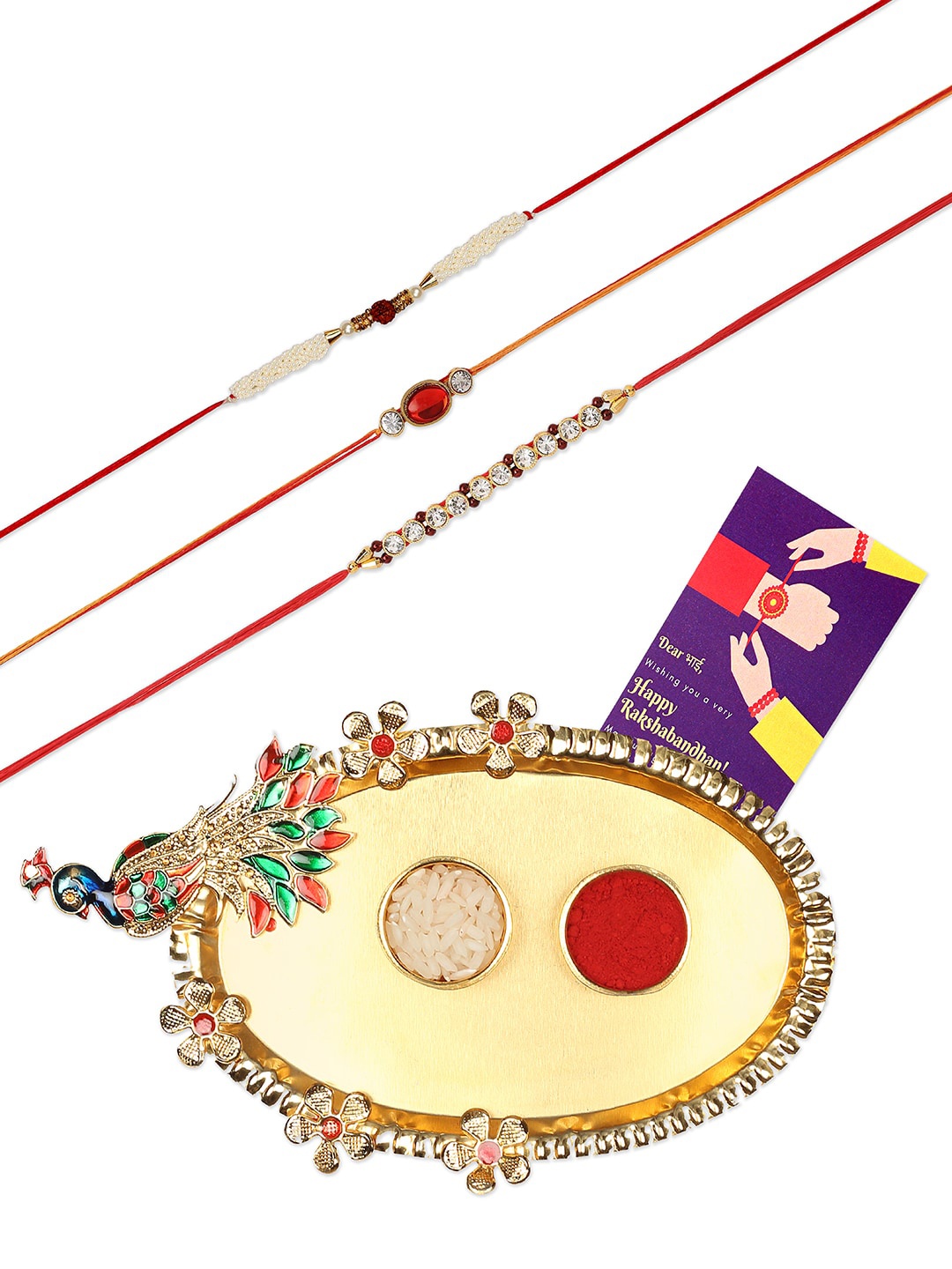 Accessher Gift Set of 5 with Rakhis Pack of 3, Peacock Design Thali & Greeting Card, Multi
Accessher Gift Set of 5 with Rakhis Pack of 3, Peacock Design Thali & Greeting Card, Multi