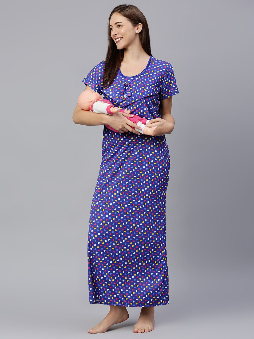 Pretty Awesome Blue Printed Maternity Feeding Maxi Nightdress