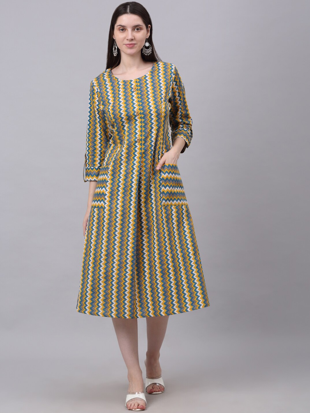 KALINI Lime Green & Grey Chevron Screen Printed Cotton Ethnic A-Line Midi Dress
KALINI Lime Green & Grey Chevron Screen Printed Cotton Ethnic A-Line Midi Dress