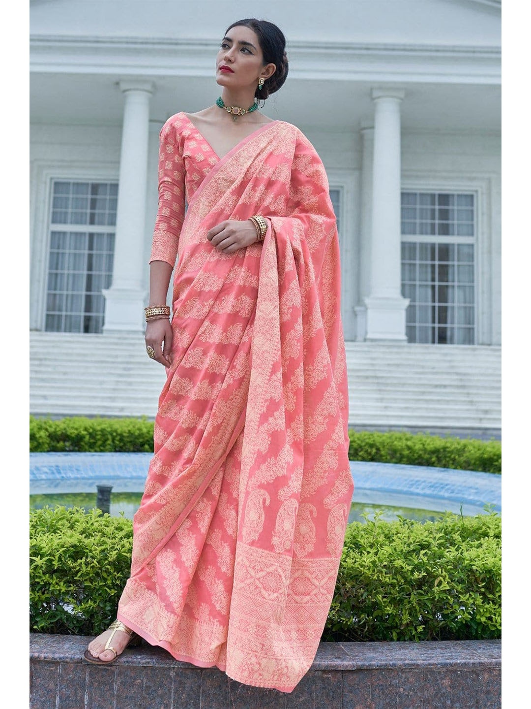 KARAGIRI Pink & White Paisley Jute Cotton Saree
