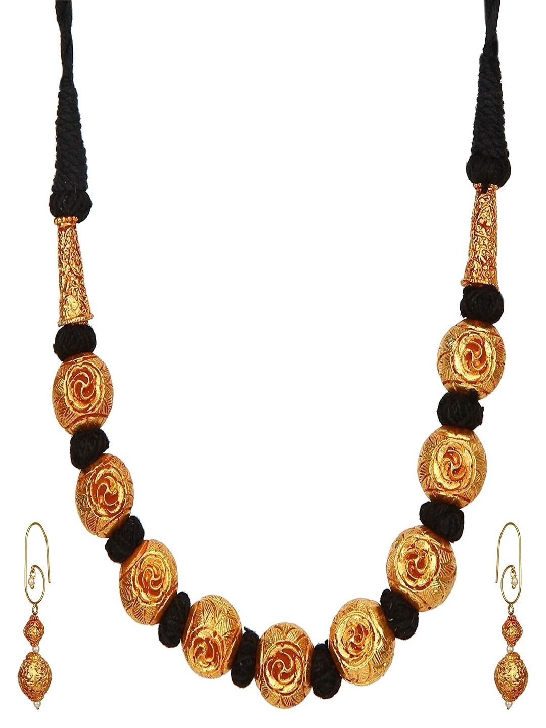 Runjhun Gold-Plated & Gold-Colored & Black Beaded Royal Designer Southern Jewellery Set
Runjhun Gold-Plated & Gold-Colored & Black Beaded Royal Designer Southern Jewellery Set