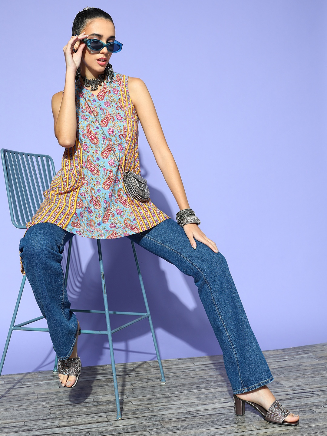 Anouk Women Stunning Blue Cotton Print Mix Kurta