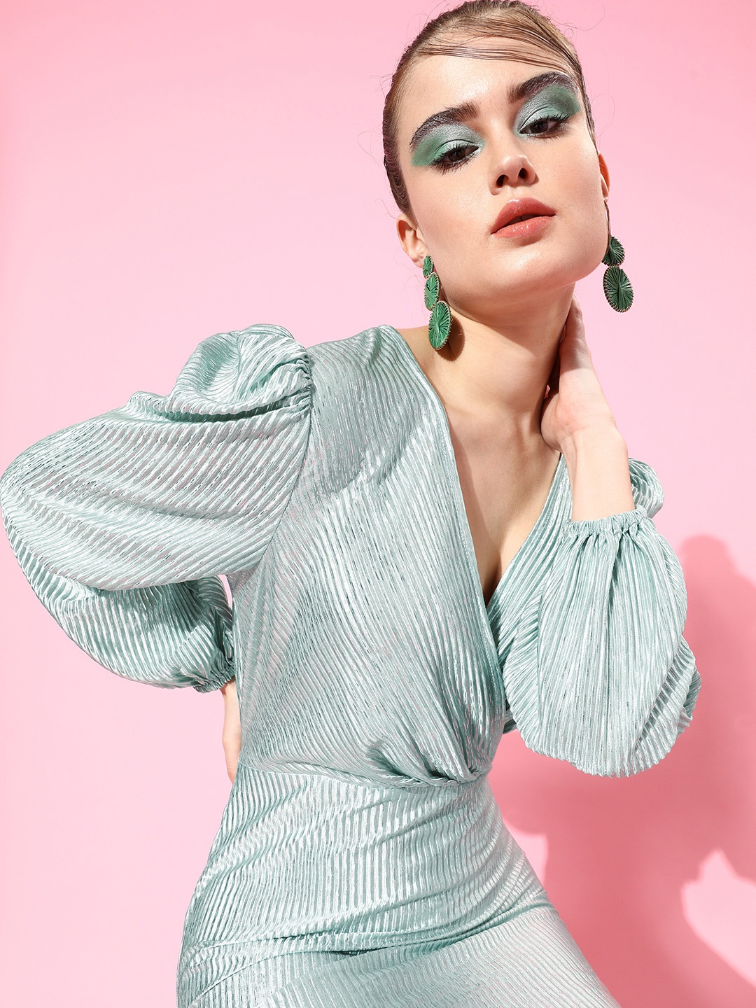 Athena Green V-Neck Puff Sleeves Blingy Wrap Dress