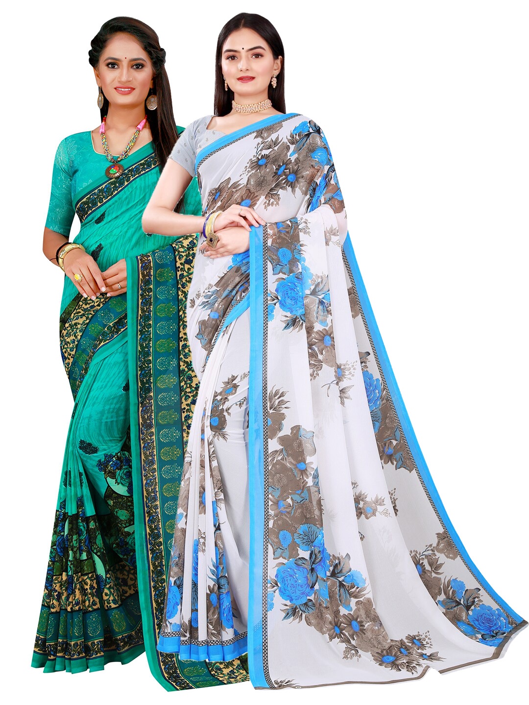 Florence Pack Of 2 White & Green Floral Pure Georgette Saree