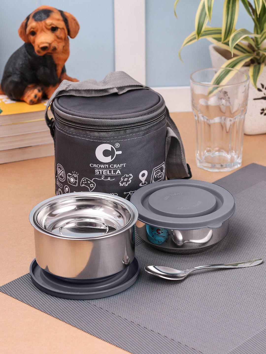 Crown Craft Grey Set Of 2 Stainless Steel Leakproof Tiffin Box & carry bag 140 ml Each
Crown Craft Grey Set Of 2 Stainless Steel Leakproof Tiffin Box & carry bag 140 ml Each