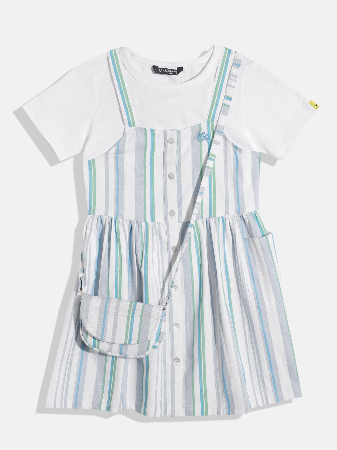 Allen Solly Junior Girls Pure Cotton Striped Pinafore Dress with T-shirt & Sling Bag, White
Allen Solly Junior Girls Pure Cotton Striped Pinafore Dress with T-shirt & Sling Bag, White
