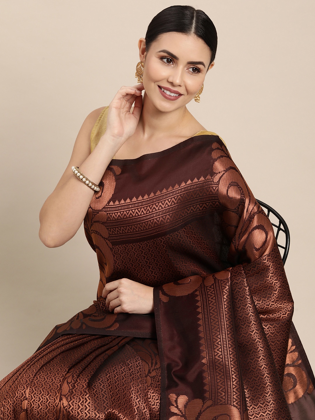 Pothys Brown & Golden Woven Design Banarasi Saree
