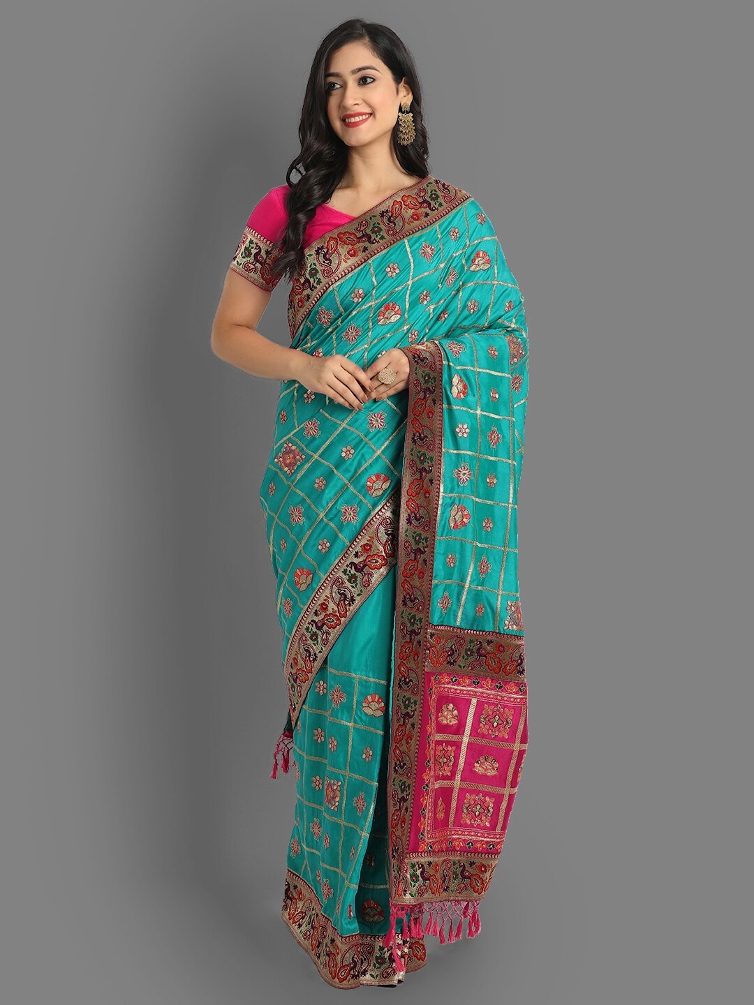 Ekta Textiles Turquoise Blue & Pink Woven Design Embroidered Silk Blend Patola Saree
Ekta Textiles Turquoise Blue & Pink Woven Design Embroidered Silk Blend Patola Saree