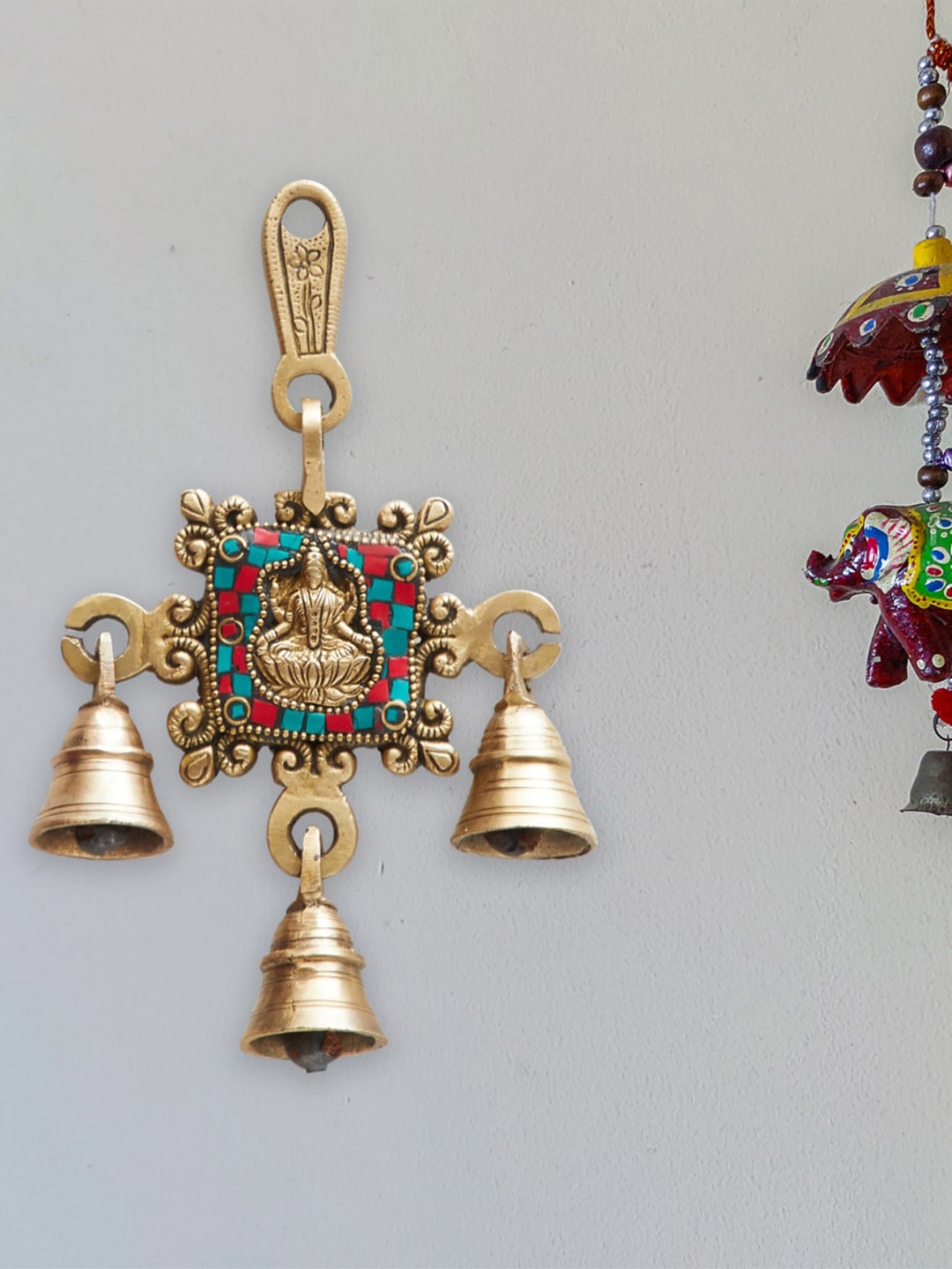 Home Centre Gold-Toned Goddess Laxmi Bell Brass Wall Hanging