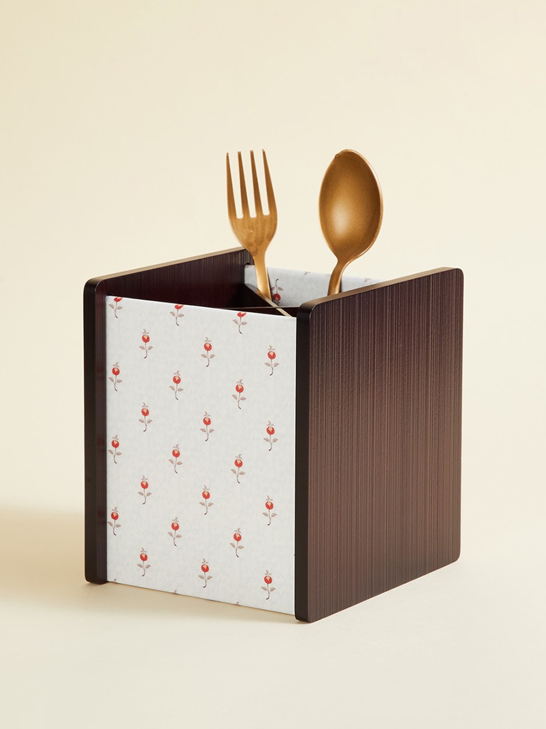 Home Centre Brown & White Floral Printed Wooden Cutlery Holder