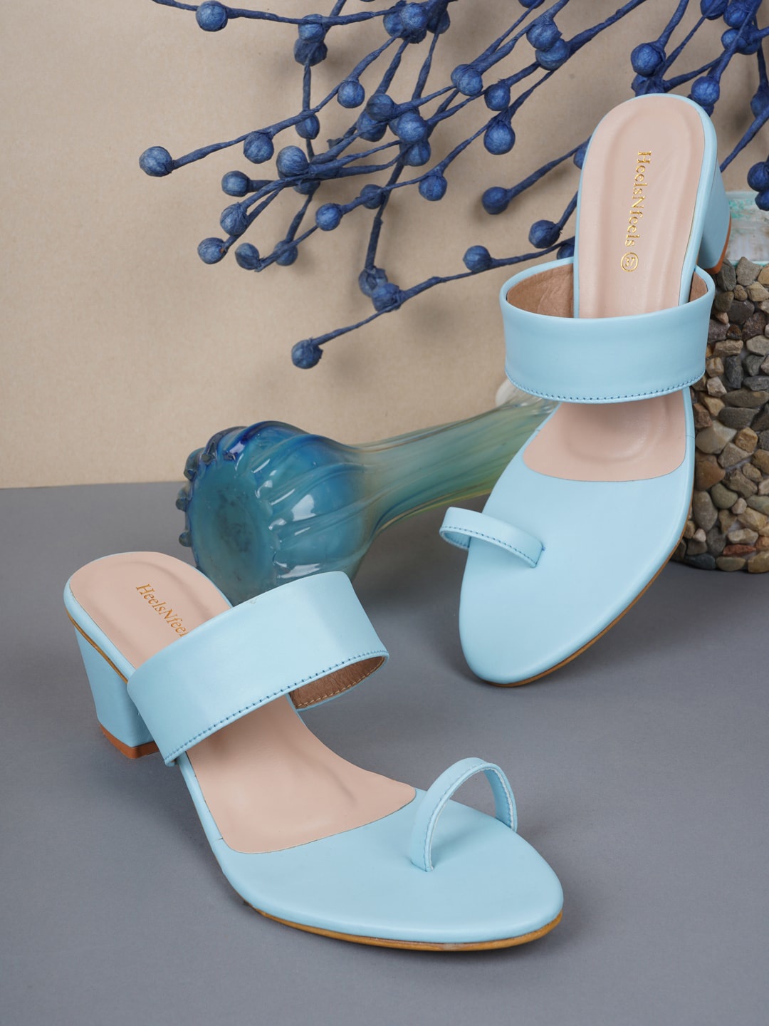 HEELSNFEELS Women Blue One Toe Party Block Sandals