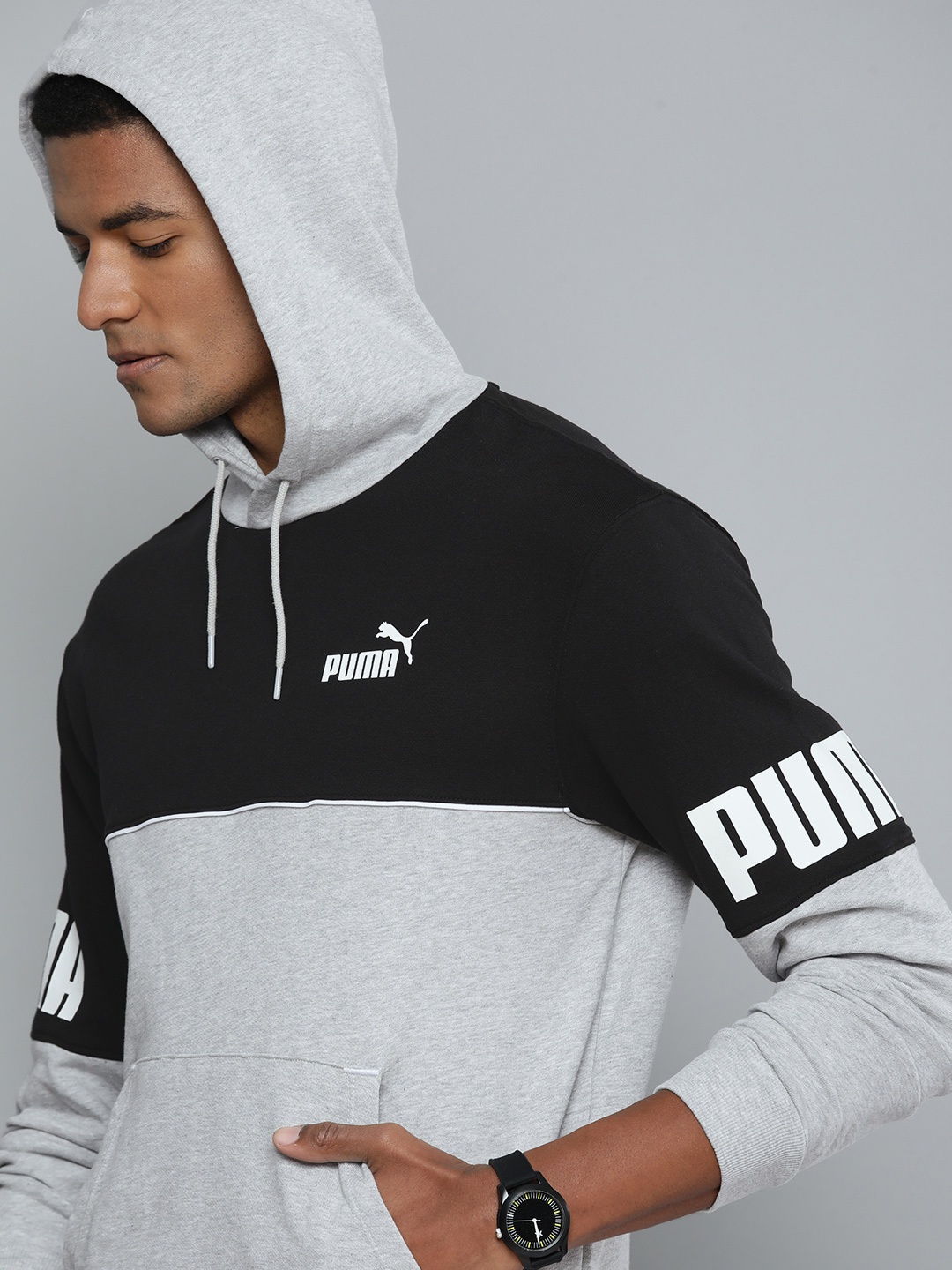 Puma Men Hooded Power Colourblocked Pure Cotton Regular Fit Sweatshirt, Grey melange
Puma Men Hooded Power Colourblocked Pure Cotton Regular Fit Sweatshirt, Grey melange