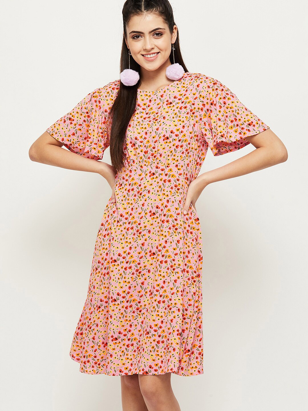 max Peach-Coloured & Red Floral A-Line Dress