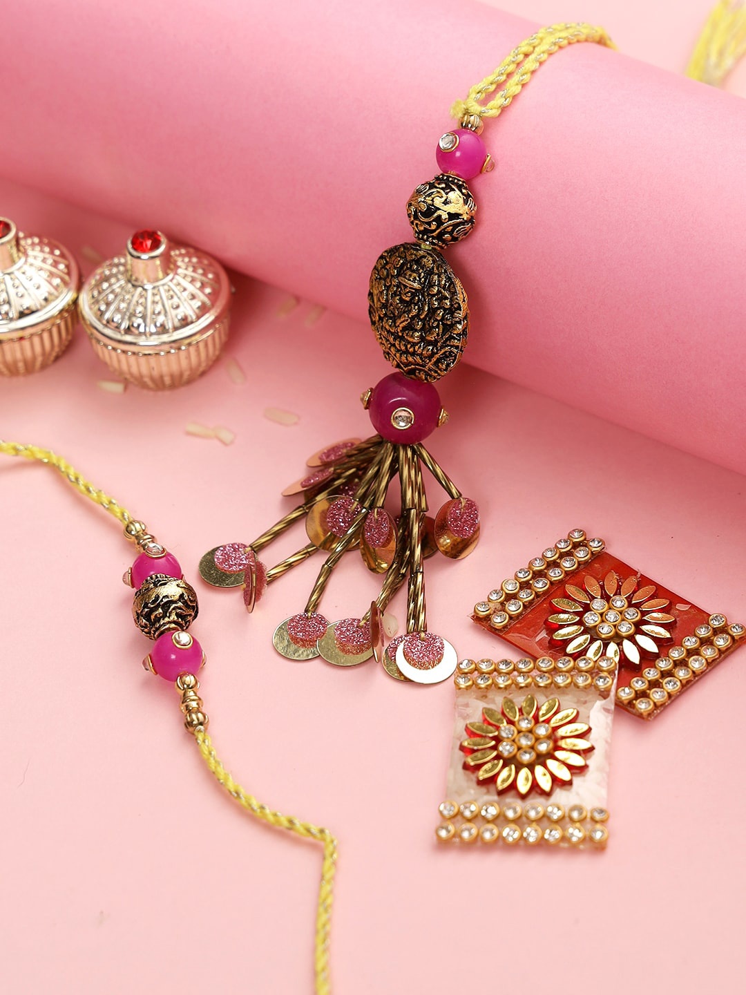 Aapno Rajasthan Set of 2 Gold-Toned & Pink Handcrafted Antique Divine Bhaiya Bhabhi Rakhi
Aapno Rajasthan Set of 2 Gold-Toned & Pink Handcrafted Antique Divine Bhaiya Bhabhi Rakhi