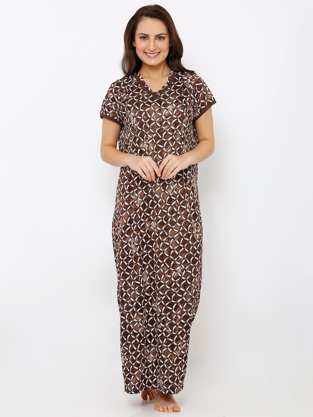 Pretty Awesome Women Brown Printed Maternity Feeding Maxi Nightdress