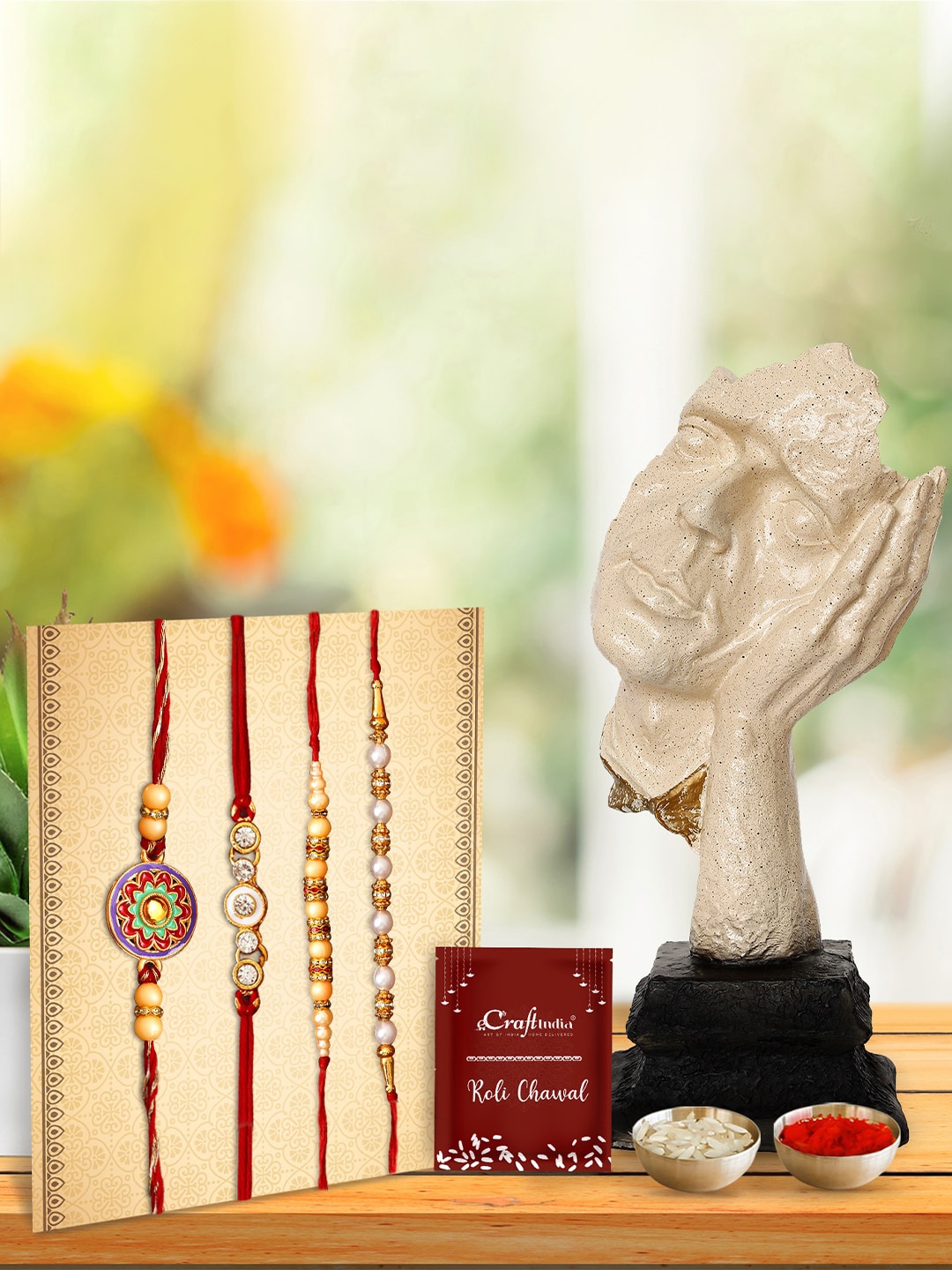 eCraftIndia Set of 4 Pearl Rakhi & White Showpiece with Roli Chawal Pack,Greeting Card, Red
eCraftIndia Set of 4 Pearl Rakhi & White Showpiece with Roli Chawal Pack,Greeting Card, Red