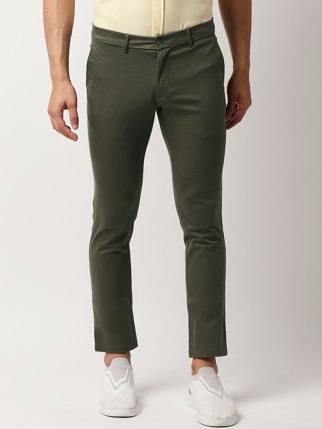Basics Men Olive Green Tapered Fit Trousers