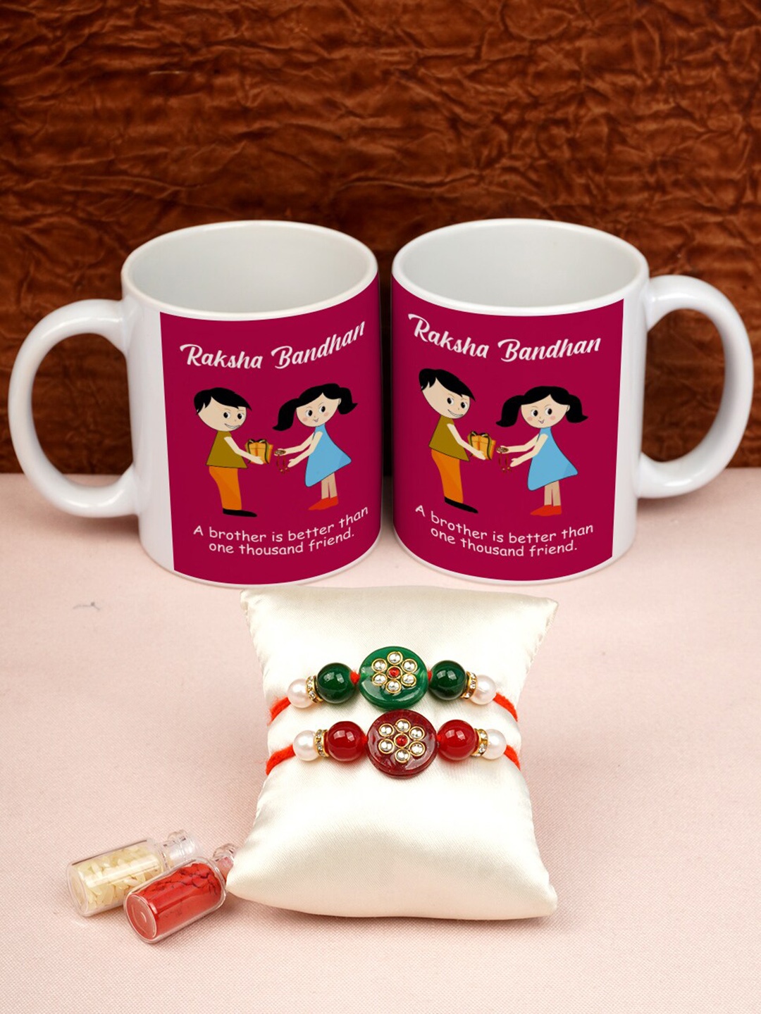 Crazy Corner Set of 2 Red & Green Beaded & Studded Rakhi Gift Set 2 coffee mugs