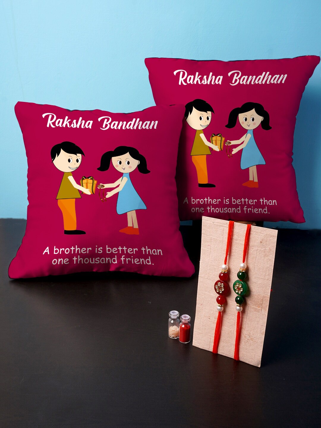 Crazy Corner Set of 2 Cushion and Rakhi Combo, Multi