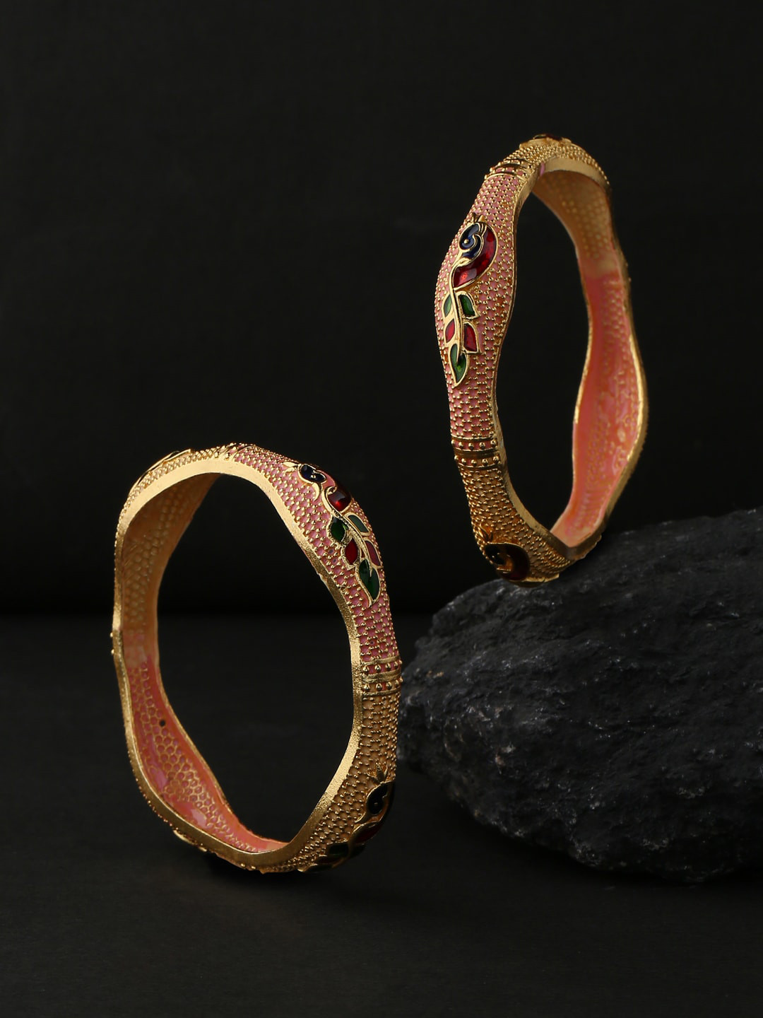 VIRAASI Set Of 2 Gold-Plated Red & Green Stone-Studded Peacock Design Enameled Bangles
VIRAASI Set Of 2 Gold-Plated Red & Green Stone-Studded Peacock Design Enameled Bangles