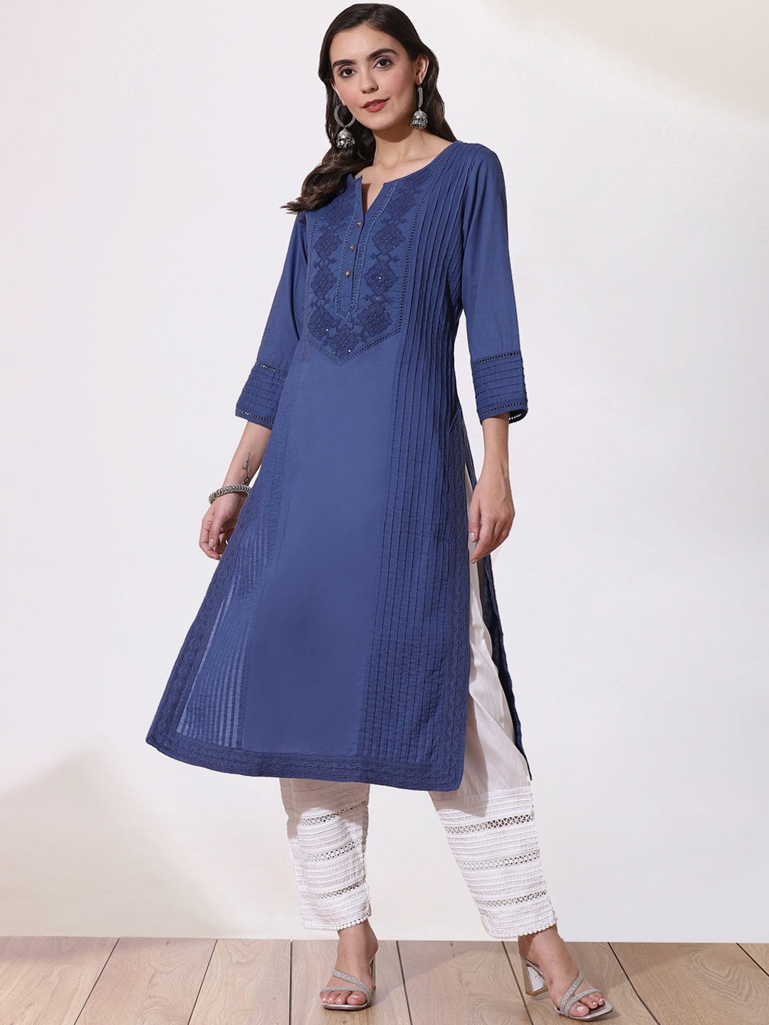 Lakshita Women Navy Blue Ethnic Motifs Yoke Design Thread Work Kurta