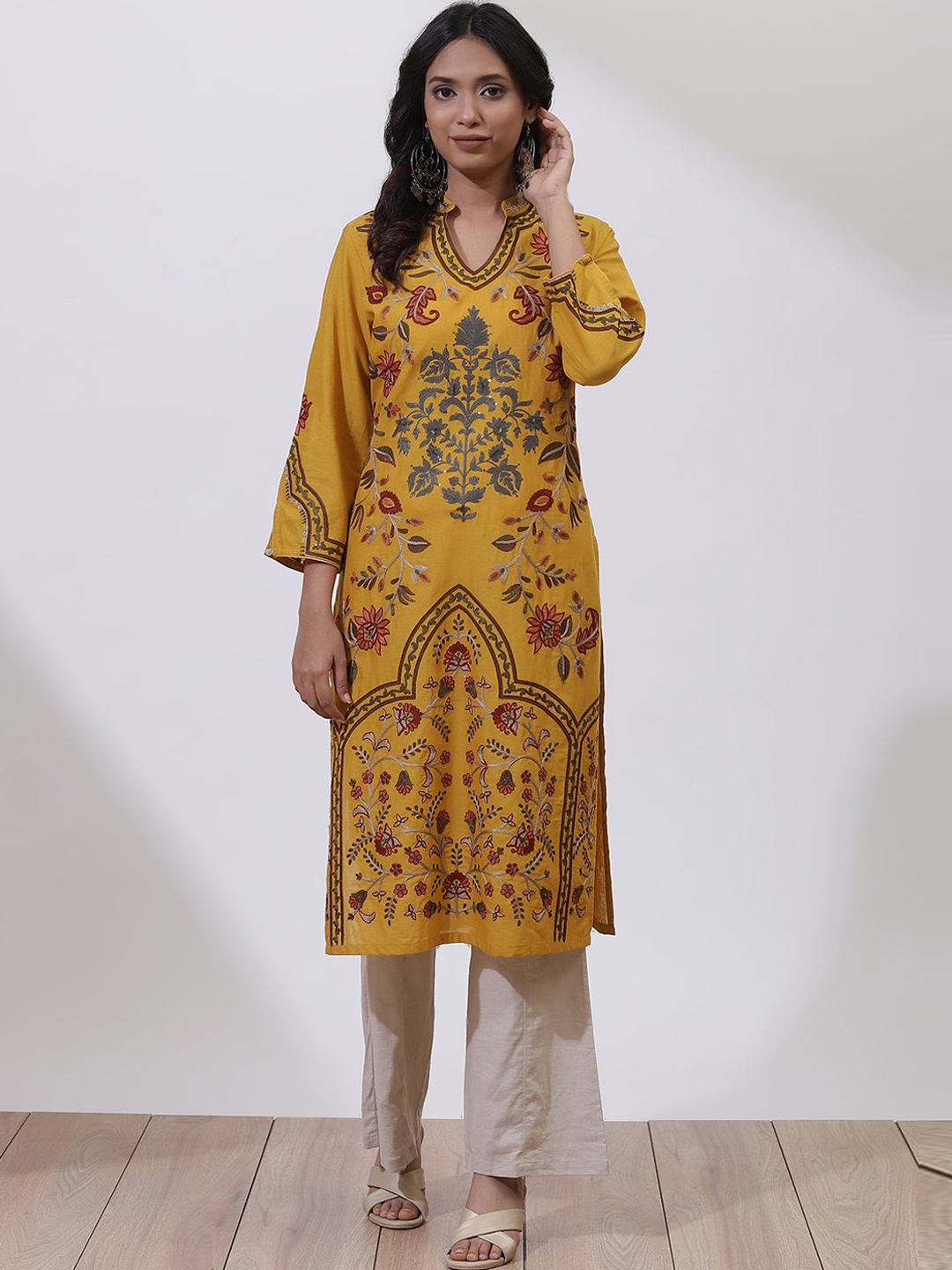 Lakshita Women Mustard Yellow Mughal Aari Embroidery Work Kurta