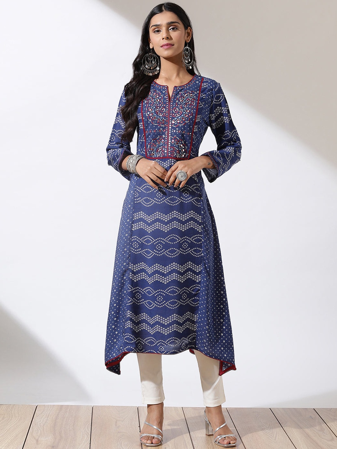 Lakshita Women Blue Chevron Yoke Design Flared Sleeves Mirror Work Kurta Plus Size
