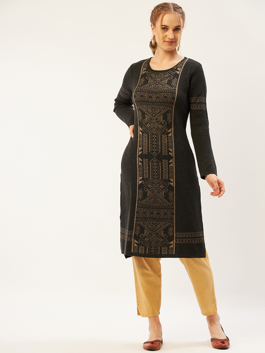 American Eye Women Charcoal Grey & Beige Ethnic Motifs Woven Design Straight Winter Kurta
American Eye Women Charcoal Grey & Beige Ethnic Motifs Woven Design Straight Winter Kurta